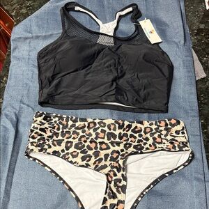 Chic Black Sports Bra and Leopard Print Bikini Set